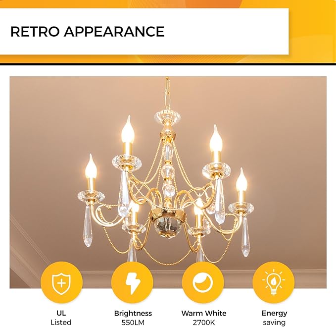 Hizashi E12 Candelabra Bulb 60 watt 2700K Soft Warm White, Dimmable E12 LED Bulb, 90+ CRI 6W 550LM, CA11 Flame Tip LED Chandelier Light Bulbs Candelabra Base, UL Listed - 6 Pack
