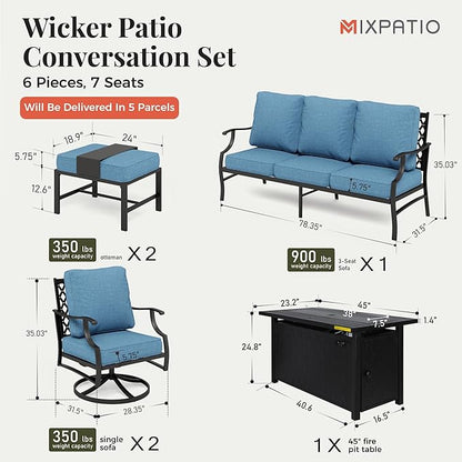 Patio Furniture Set, 6 Pcs Metal Outdoor Conversation Set, 2 Swivel Chairs, 2 Ottomans and 3 Seater Sofa with 5.75" Extra Thick Cushion and Gas Fire Pit Table, Navy Blue