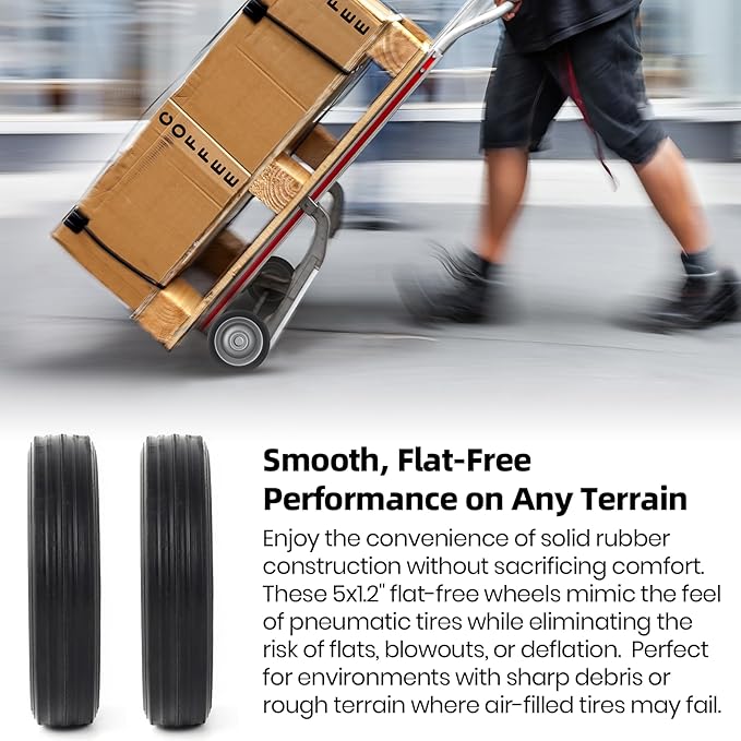 AR-PRO (2-Pack) 5" x 1.2" Flat Free Solid Rubber Wheel Assemblies - Replacement Hand Truck Wheels with Ball Bearings and 1/2" Bore Hole Diameter - Heavy-Duty Solid Rubber Tire 88 lbs Load Capacity