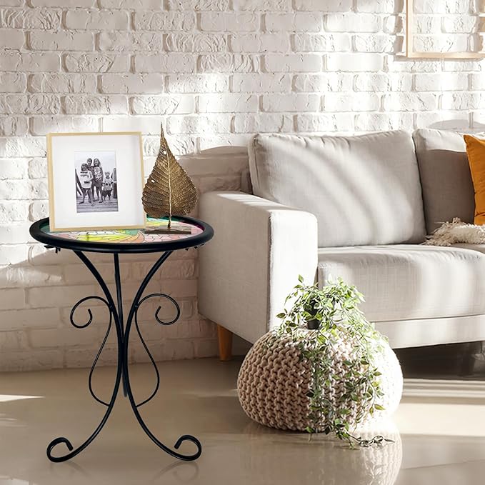 HONGLAND Outdoor Mosaic Side Table, 12" Small Outdoor Table, Round Patio Side Table End Table, Glass Plant Stand, Small Bistro Coffee Table for Garden Patio Porch Living Room （Hummingbird）