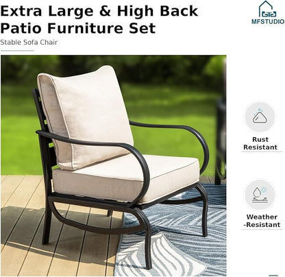 MFSTUDIO 4 Pieces Patio Conversation Sets, All Weather Metal Frame Outdoor Furniture Set Patio Sofas with 1 x 45 Rectangular Propane Fire Table, 1 x 3-Seat Sofa, 2 x Sofa Chairs, Beige Cushion
