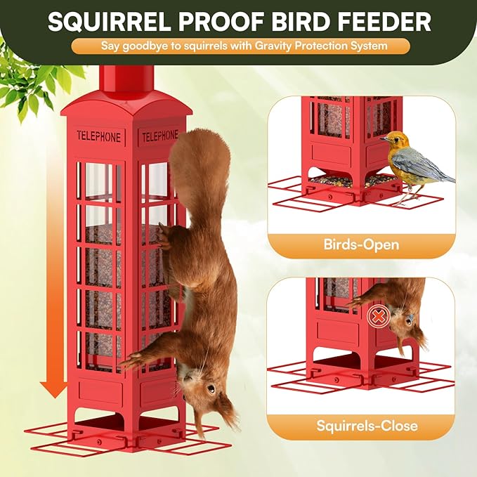 Squirrel Proof Bird Feeder Outdoor Hanging,Weight Activated Metal Mesh Red Bird Feeders 3LB Capacity,Outside Squirrel-Proof Heavy Duty Wild Birdfeeder for Finch Cardinal Bule Jay Chickadee