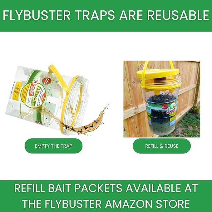 Flybuster Fly Trap | Outdoor Device for Catching Flies | 10-Liter Commercial Size (2-Pack) | Comes with Two Flytraps and 4 Bait Packets | 2,000,000 Fly Capacity | Non-Toxic | Child & Pet Safe
