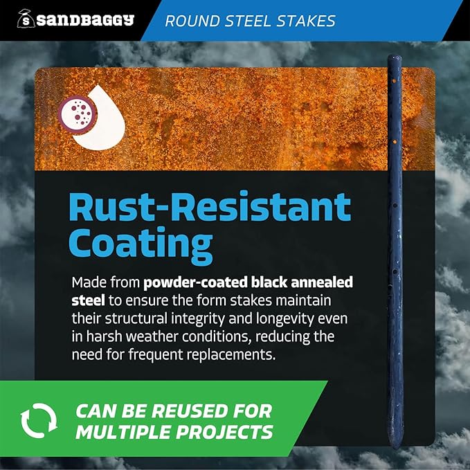 Sandbaggy Round Steel Concrete Form Stakes with Nail Holes - Rust Resistant Coating - Removable, Reusable (100, 3/4 in X 18 in)