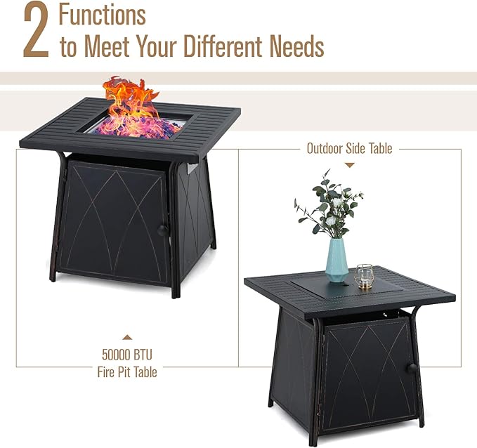 MFSTUDIO 5 Pieces Patio Conversation Sets, Outdoor Metal Furniture Sofas with 1 x 28 50,000 BTU Square Propane Fire Table and 4 x Wrought Iron Frame Rocking Chairs with Blue Cushion