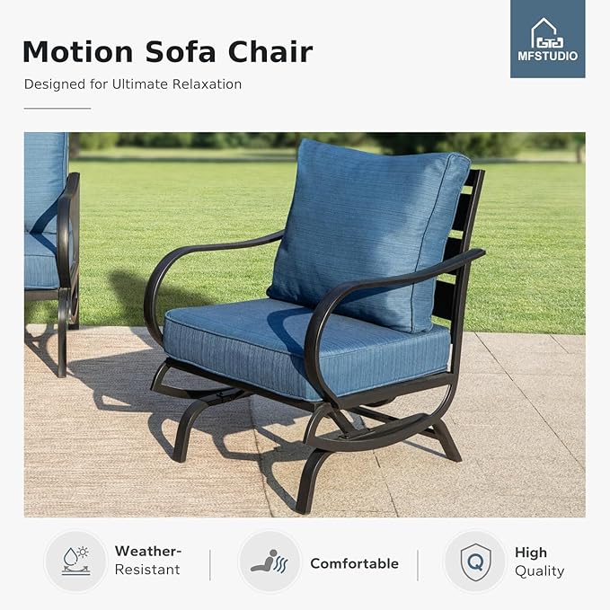 MFSTUDIO 5 Pieces Patio Conversation Sets,Outdoor Metal Furniture Sofas with 1 x 3-Seat Sofa, 2 x Rocking Chairs,2 x Ottoman,Wrought Iron Frame with Peacock Blue Cushion for Patio Courtyard Balcony