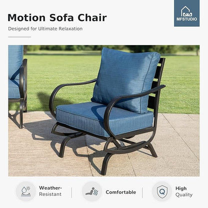 MFSTUDIO 8 Pieces Patio Furniture Sets with 45" Gas Fire Pit Table, Metal Outdoor Conversation Sofa Set with 1 x 3-Seat Sofa, 2 Single Chairs, 2 Rocking Chairs and 2 Ottoman, Peacock Blue Cushion