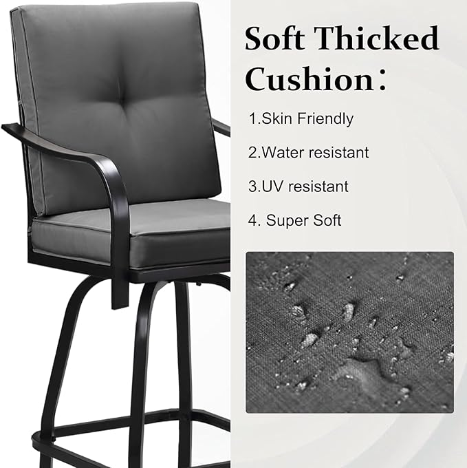 Patio Swivel Bar Stools, Outdoor High Back Swivel Bar Chair Set of 6 with Cushion & All Weather Steel Frame for Backyard, Lawn, Poolside and Balcony, Dark Gray