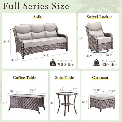 Luxury High Back Outdoor Furniture with 6-inch Extra Thick Cushions, Patio Furniture Set with Swivel Chairs, 5 PCS Wicker Conversation Set for Yard, Deck, Poolside, Brown/Beige