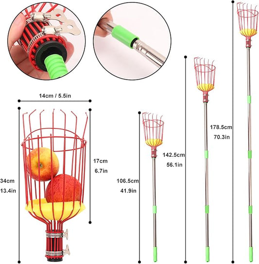 2 PCS Adjustable Fruit Picker Tool, 5.3 Feet Fruit Picker with Telescoping Basket & Pole, Ideal for Orange Picking, Cherry Picking & More
