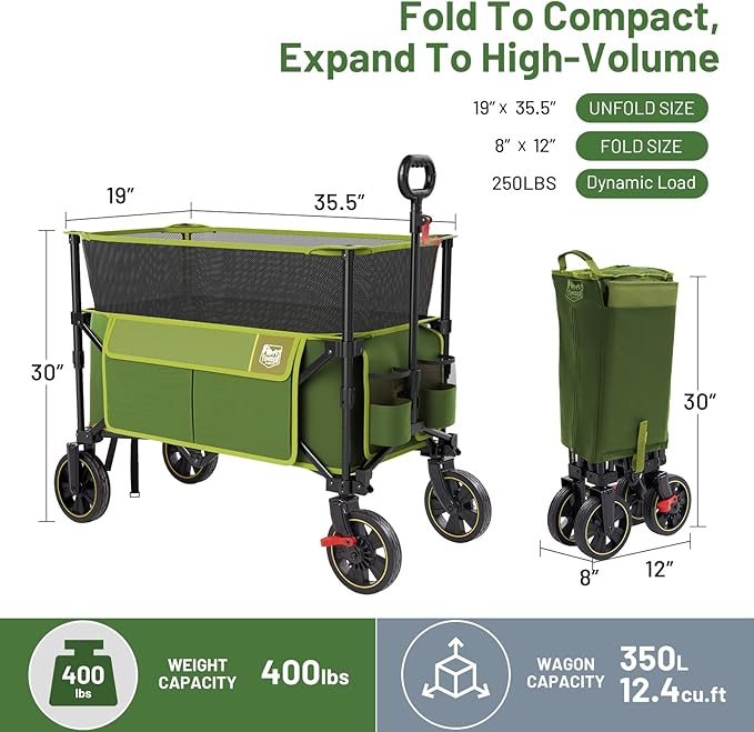 TIMBER RIDGE 350L Extra Large Collapsible Folding Wagon Carts with Brake, Heavy Duty Outdoor Camping Utility Wagons with Extended Height, Adjustable Handle, Cup Holders, Side Bag(Green)