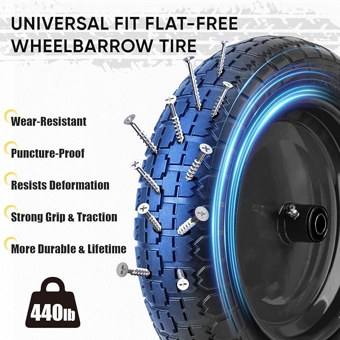 TICONN 4.80/4.00-8 Tire, 16" Flat Free Wheelbarrow Tire and Wheel, Solid Replacement Tires with 3" Centered Hub, 5/8" 3/4" Bearings, Universal Fit 4.80/4.00-8, 3.50/3.00-8, 4.00-6 (Black)