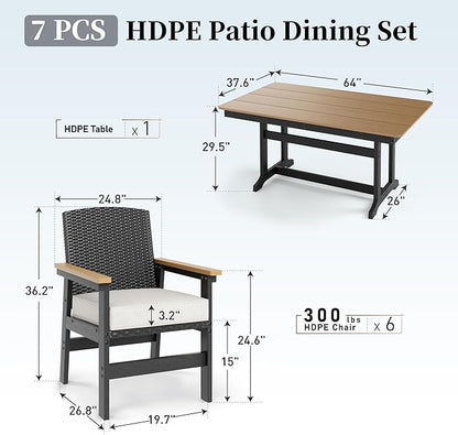 7 Piece HDPE Outdoor Dining Set for 6, 64” All Weather Wood-grain Dining Table, 6 Wicker Rattan Chairs with 3.2” Waterproof Cushion, Patio Table and Chairs Set for Backyard and Deck, Black