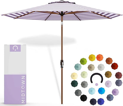 Midtown Umbrellas Wooden 2-8 Feet Outdoor Patio Umbrella, Terylast Purple & White Stripes Fabric, Aluminum Frame For Backyard Umbrella, Deck Umbrella, Garden Umbrella & Pool Umbrella - Wooden Pole