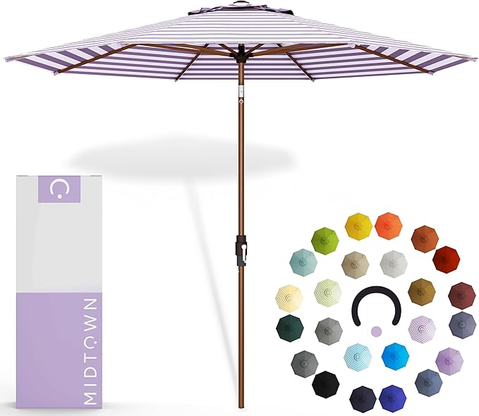 Midtown Umbrellas Wooden 2-9 Feet Outdoor Patio Umbrella, Terylast Purple & White Stripes Fabric, Aluminum Frame For Backyard Umbrella, Deck Umbrella, Garden Umbrella & Pool Umbrella - Wooden Pole