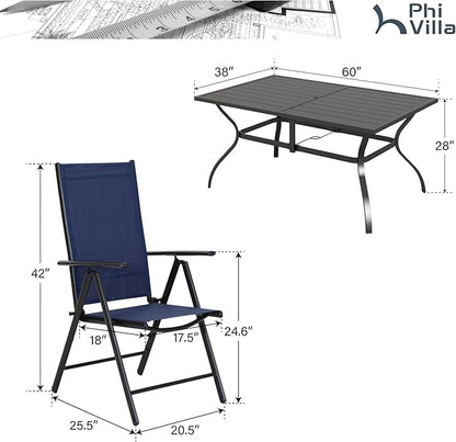PHI VILLA 7 Piece Patio Dining Set with Patio Table and Chairs, Outdoor Dining Set for 6 with Adjustable Folding Patio Chairs & Metal Steel Table for Garden, Blue