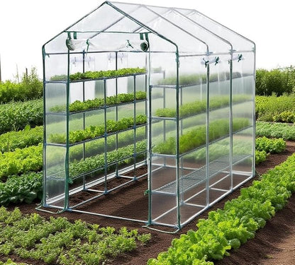 Greenhouse, 57 x 85 x 77'' Greenhouses for Outdoors, with Mesh Side Windows, PE Cover, 8 Shelves, Heavy Duty Walk in Green House for Backyard Garden Indoor, White& Green Outside