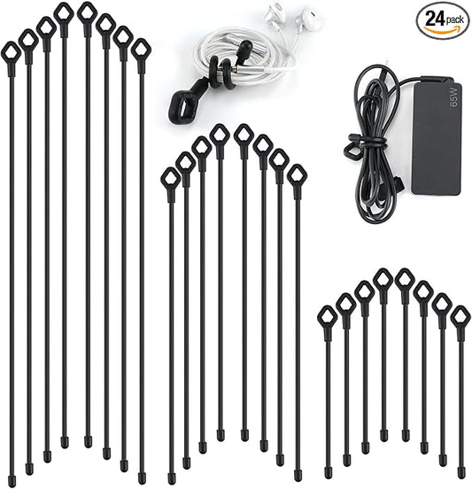 Silicone Cable Ties with Holes, 24PK Reusable Twist Ties for Bundling - 6in, 12in, 18in - Indoor/Outdoor Use (Black)