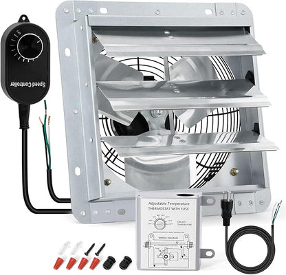 Criditpid 12 Inch Shutter Exhaust Fan, 970 CFM Wall Mounted Fan, Attic Vent Fan with Speed Controller and Thermostat for Greenhouse, Garages, Warehouse, Shed, Basement, Chicken Coops Ventilation.