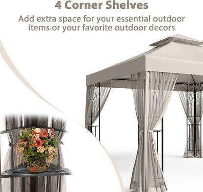 EAGLE PEAK 10x10 Patio Gazebo with Mesh Netting, Double Roof Outdoor Pavilion with Corner Shelves for Lawn, Deck, Garden and Backyard, Beige