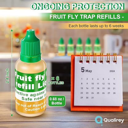 Qualirey 6 Pack Fruit Fly Trap Refill Liquid, 0.68oz Per Bottle Liquid Fruit Fly Traps for Indoors, Non Toxic Bait Safe Near Pets, Food and Kids, Lure Refill for Home Kitchen