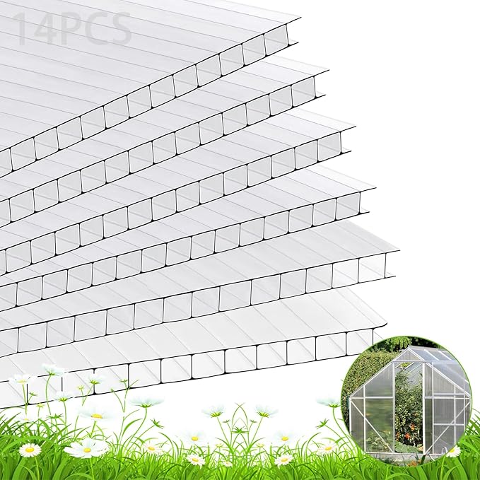 Polycarbonate Greenhouse Panels, Twin-Wall Polycarbonate Sheet, Clear Panels for Greenhouse,Outdoor Garden, Plant Stand Roof (47.2''H x 23.6''W x 0.32" T, 14)