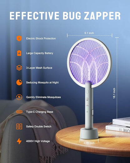 Electric Fly Swatter Racket, Mosiller 2 in 1 Smart Bug Zapper & Power Take Off Generators with USB Rechargeable Base, Powerful Mosquitoes Trap Lamp & Fly Killer for Home, Bedroom (Light Grey（1 Pack）)