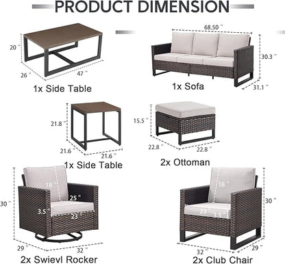 9 Piece Wicker Patio Furniture Set - Outdoor Swivel Rocker Chairs Set with Coffee Table, Rattan Chairs, 3 Seat Sofa & Ottomans, Patio Conversation Sets for Bcakyard Deck - Brown/Beige