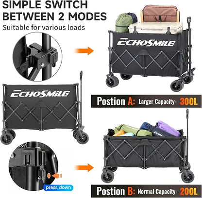 EchoSmile Collapsible Foldable Extended Wagon with 500lbs Weight Capacity, 300L Folding Utility Wagon Cart with Big All-Terrain Wheels for Beach,Sport,Gargen&Grocery,Black