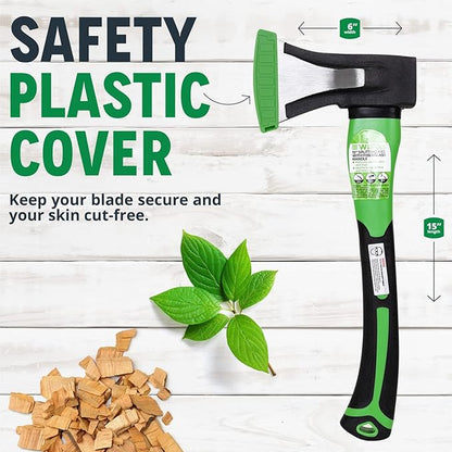 WilFiks Splitting Axe, 15” Camping Hatchet for Chopping and Kindling Wood and Branches, Forged Carbon Steel Hand Maul Tool for Gardening, Fiberglass Shock Reduction Handle with Anti-Slip Grip