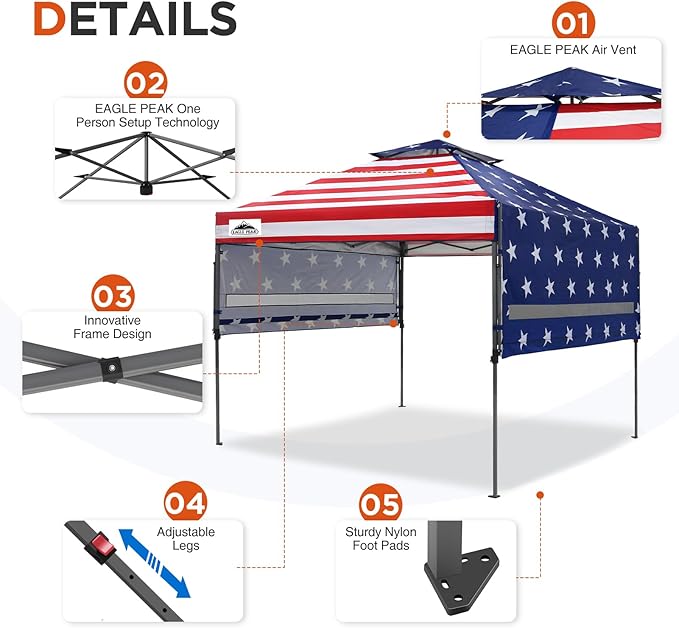 EAGLE PEAK 17x10 Pop up Gazebo Canopy Tent Outdoor Instant Canopy Shelter with Adjustable Dual Half Awnings (American Flag)