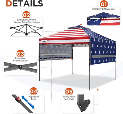 EAGLE PEAK 17x10 Pop up Gazebo Canopy Tent Outdoor Instant Canopy Shelter with Adjustable Dual Half Awnings (American Flag)