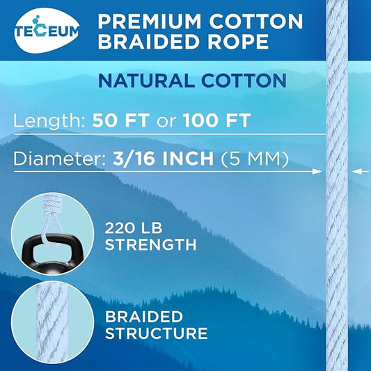 TECEUM Cotton Rope 3/16” (5 mm) – 50 FT – Strong All-Purpose Braided Rope – Natural Cotton – for Crafting, Сamping, Clothes Line, DIY, Indoor & Outdoor Use – Baby Blue