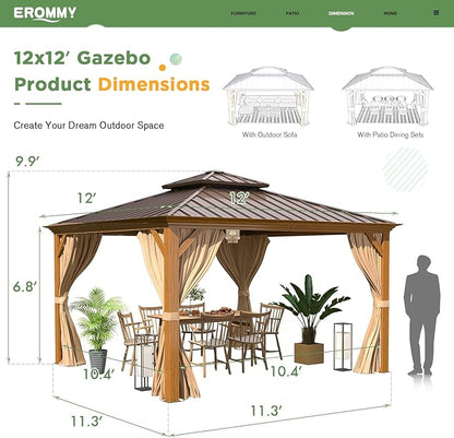EROMMY 12' x 12' Gazebo, Wooden Finish Coated Aluminum Frame Canopy with Double Galvanized Steel Hardtop Roof, Outdoor Permanent Metal Pavilion with Curtains and Nettings for Patio, Backyard and Deck