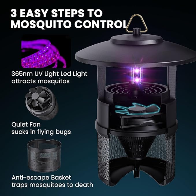Mosquito Trap Outdoor, Flying Insect Bug Trap with Lighting, Sleep and Timer Functions, Gnat Flies Moths Wasps Beetles Catcher, Indoor Bug Mosquito Zapper Alternative, Black