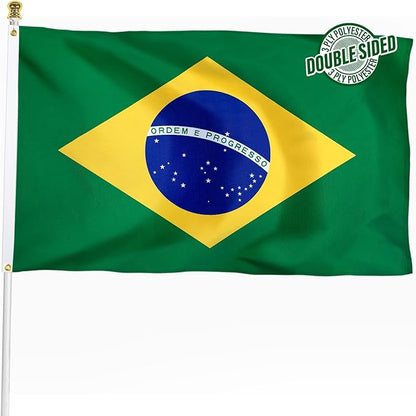 Brazil Brazilian Flag 3x5 ft Outdoor, Double Sided 3 Ply Heavy Duty Brazil National Country Flag, 100% Quality Polyester Brazilian Banner with Brass Grommets 4 Rows Stitches