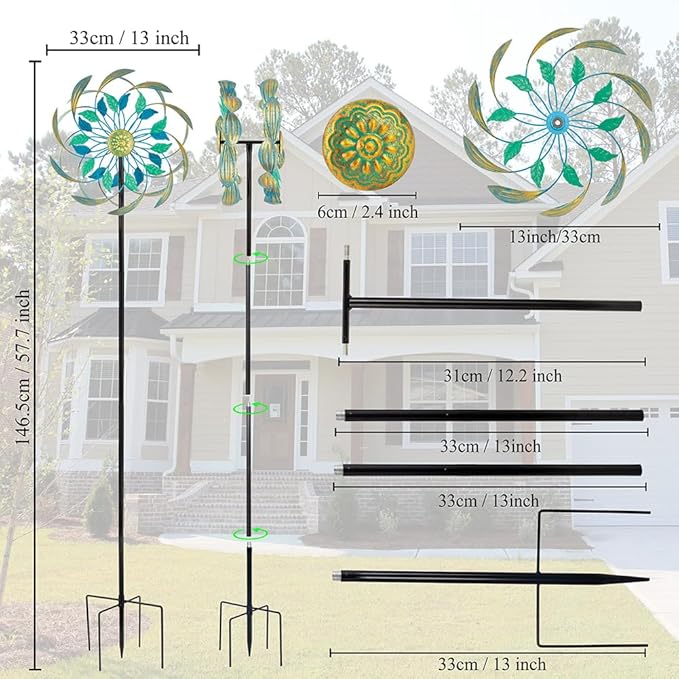 Metal Wind Spinners Outdoor,13'' Dia Green Double Wind Spinner & Sculpture,Waterproof Garden Windmill for Yard Art Decorations