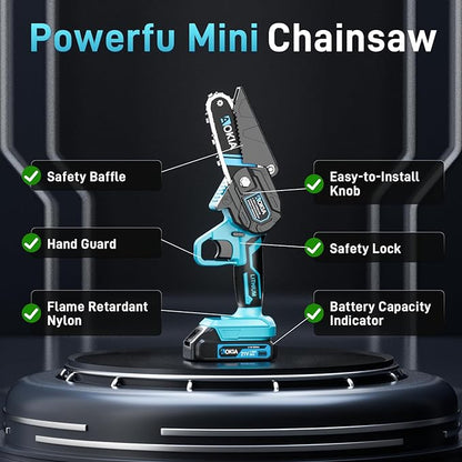 Cordless Mini Chainsaw 21V,4In Electric Chainsaw,Handheld & Portable Power Chain Saw for Tree Trimming Pruning Garden & Yard Work,Battery Chain Saw Gifts for Men Women Dad Blue