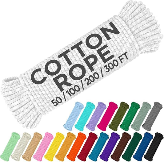 TECEUM Cotton Rope 3/16” (5 mm) – 100 FT – Strong All-Purpose Braided Rope – Natural Cotton – for Crafting, Сamping, Clothes Line, DIY, Indoor & Outdoor Use – White