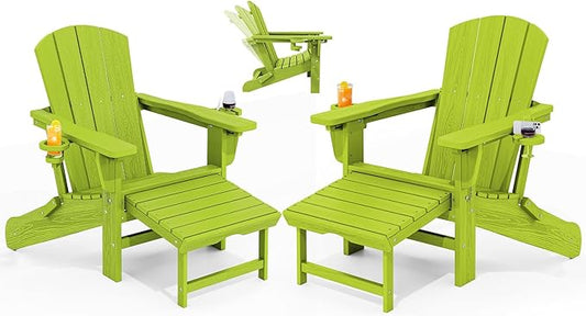 KINGYES Folding Adjustable Adirondack Chair with Ottoman & 2 Cup Holders Set of 2, HDEP Multifunctional Adirondack Chair with Footrest, Apple