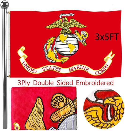 Jayus Embroidered US Marine Corps Military Flags 3x5 Outdoor - 340D Heavy Duty Nylon Double Sided Marine Corps Flag Banner with 2 Grommets