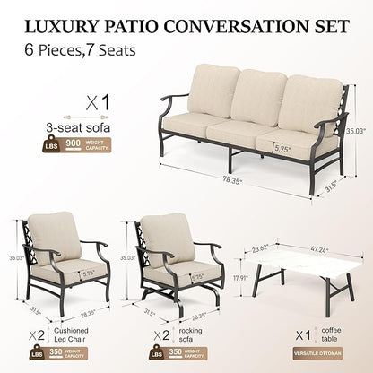 HERA'S HOUSE 6 Piece Patio Furniture Set, 2 x Rocking Chair, 2 x Fixed Chair, 1 x 3-Seat Sofa with Marbling Coffee Table, All Cushioned 7 Seats Outdoor Conversation Set for Lawn Garden Backyard