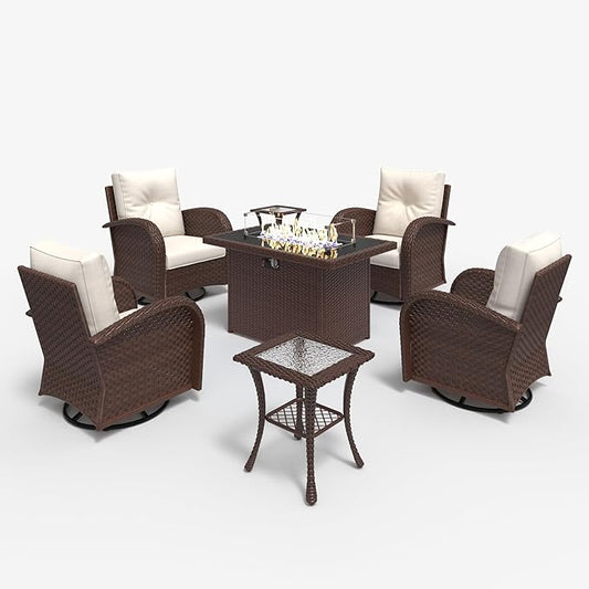 LayinSun 7 Pieces Outdoor Patio Furniture Set with Fire Pit Table, Rattan Wicker Sectional Swivel Rocker Chairs Sets