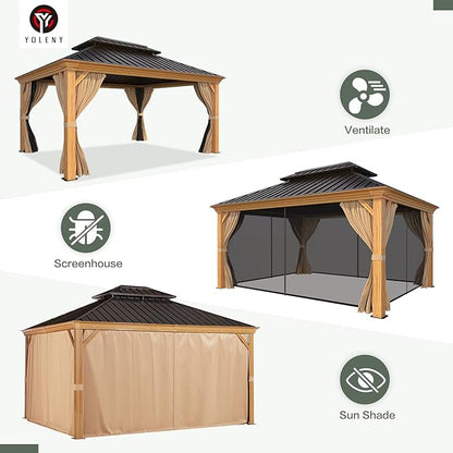 YOLENY 12' x 14' Hardtop Gazebo, Wooden Finish Coated Aluminum Frame Gazebo with Galvanized Steel Double Roof, Outdoor Permanent Metal Pavilion with Curtains and Nettings for Patio, Lawn & Garden
