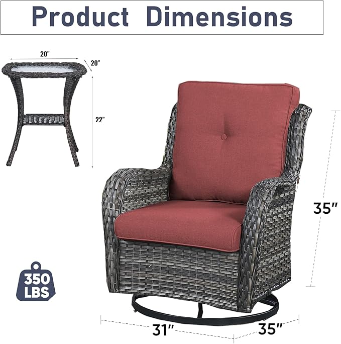 Luxury Wicker Swivel Patio Chairs Set of 3, Outdoor Swivel Rocking Chairs with Side Table, Outdoor Bistro Set for Patio, Porch, Yard, Deck, Poolside, Grey/Red