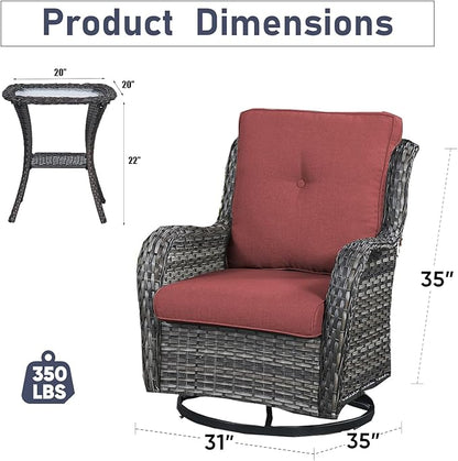 Luxury Wicker Swivel Patio Chairs Set of 3, Outdoor Swivel Rocking Chairs with Side Table, Outdoor Bistro Set for Patio, Porch, Yard, Deck, Poolside, Grey/Red