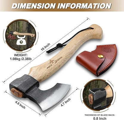 Purple Dragon Camping Hatchet Axe, 16 Inch Small Hand Hatchet with Wood Handle, Bushcraft Axe for Wood Splitting, Chopping & Carving, Outdoor Survival Tool with Sheath for Garden & Forest Use