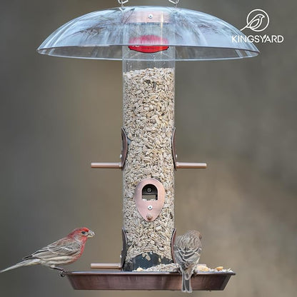 Kingsyard Metal Bird Feeders for Outdoors Hanging, Wild Bird Feeder for Finch Cardinal, Large Tray and Rainproof Dome, 2 lbs Seeds Capacity (Antique Copper)