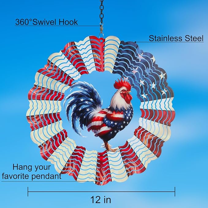 Rooster Metal Wind Spinners for Outdoor,Birthday Gifts for Women Mom Grandma, 12 Inch Garden Decor American Flag Wind Spinner Bird Devices Deterrent to Scare Birds Away from Yard Patio Farm(Chicken)