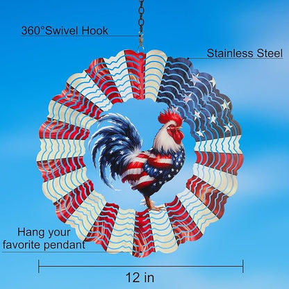 Rooster Metal Wind Spinners for Outdoor,Birthday Gifts for Women Mom Grandma, 12 Inch Garden Decor American Flag Wind Spinner Bird Devices Deterrent to Scare Birds Away from Yard Patio Farm(Chicken)